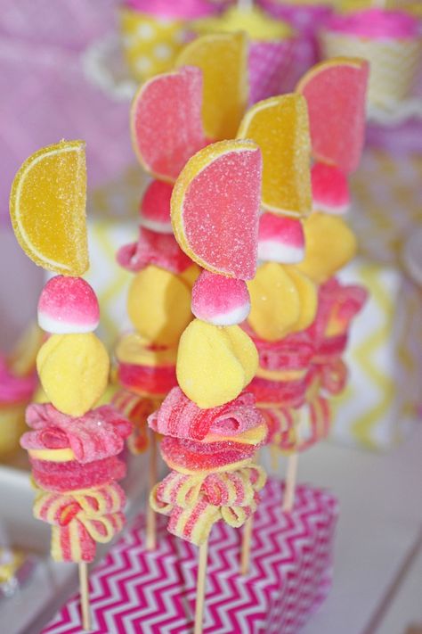 Candy-Inspired Bridal Shower Tutorial | CandyStore.com Pink Lemonade Stand, Lemonade Stand Birthday Party, Lemonade Stand Birthday, Lemonade Stand Party, Pink Lemonade Party, Candy Kabobs, Bar A Bonbon, Lemonade Party, Wedding Shower Decorations