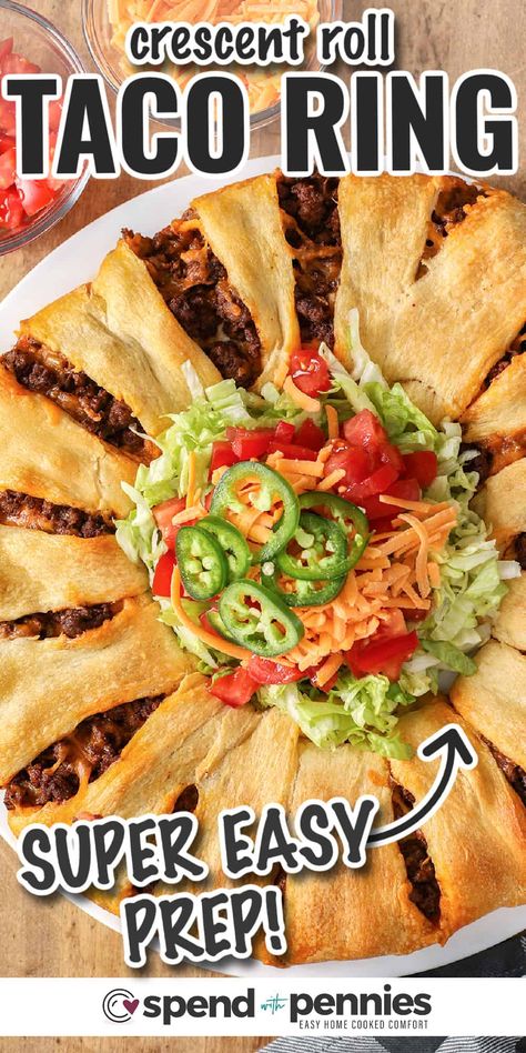 This Mexican-inspired taco ring recipe is perfect for sharing! Bring it to a potluck or party, or serve it during game day with your favorite toppings and watch the crowd dig in! Everyone loves this easy, cheesy appetizer! #tacoring #tacocrescentring #appetizer #spendwithpennies Mexican Potluck, Taco Braid, Taco Ring Recipe, Taco Ring, Fiesta Recipes, Mexican Entrees, Hamburger Recipe, Football Appetizers, Cheesy Appetizer