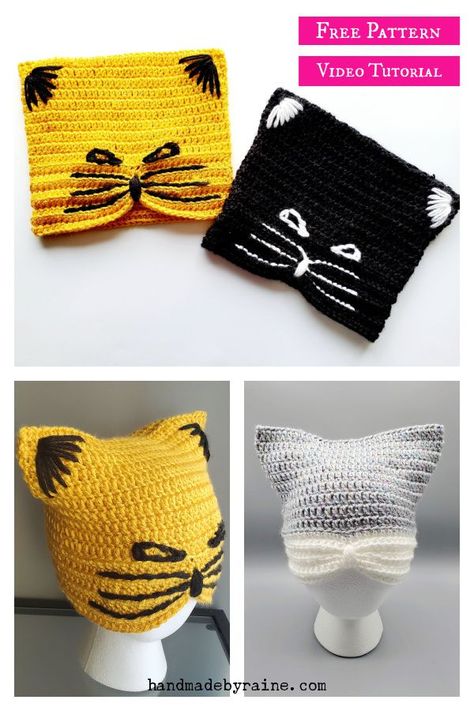 Cat Hat Free Crochet Pattern and Video Tutorial Crochet Cat Hat Beanie Free Pattern, Hat Free Crochet Pattern, Raffia Sun Hat, Crochet Cat Hat, Halloween Crochet Patterns, Baby Beanie Hats, Halloween Hats, Wide Brim Sun Hat, Halloween This Year