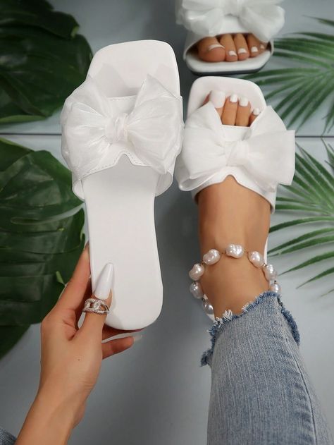 Slipper For Women, Beach Shoe, Women Flat Sandals, Womens Sandals Flat, Beach Shoes, White Collar, Cute Shoes, Flat Sandals, Bow Tie