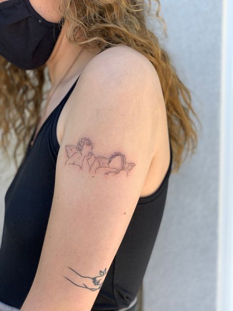 Sistine Madonna Tattoo, Cherub Outline Tattoo, Cherub Angel Tattoo Simple, Two Cherubs Tattoo, Cherubs Tattoo, Cherubim Angels Tattoo, Madonna Tattoo, Baby Angel Tattoo, Sistine Madonna