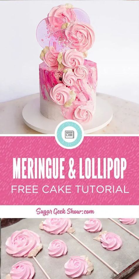 How to make a trendy spring pop cake! Made with meringue pops and homemade lollipops on a buttercream cake. So fun and easy! Meringue Pops, Homemade Lollipops, Lollipop Cake, Meringue Desserts, Pop Cake, Decoration Patisserie, Meringue Cake, Creative Cake Decorating, Salty Cake