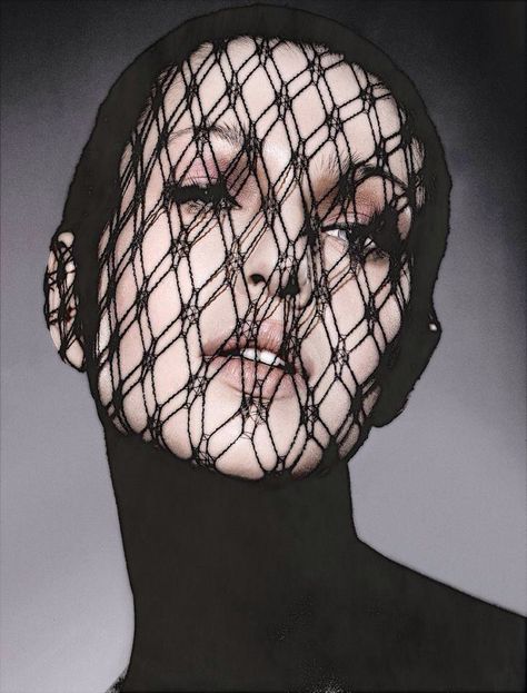 Girl with fishnet veil covering face Veil Covering Face, Fishnet Veil, Carsten Witte, Satin Fabrics, Pattern Skirt, Silk Satin Fabric, Head & Shoulders, Black Veil, 2023 Fashion