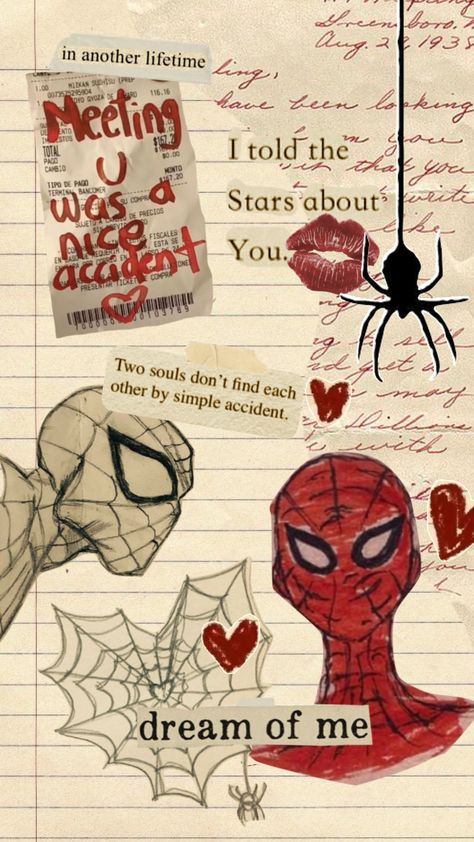 pov spiderman just saved you and now you’ll never get over him so this is what your journal looks like #spiderman #mcu #moodboard Spiderman Love Drawing, Spiderman Aesthetic Drawing, Spiderman Journal Ideas, Spiderman Love Quotes, Spiderman Drawing Easy, Notebook Fillers, Journal Fillers, Marvel Journal, Spiderman Quotes