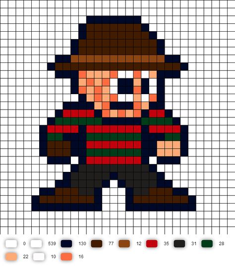 Freddy Krueger Perler Bead Pattern Horror Movie Pixel Art Grid, Freddy Krueger Pixel Art, Freddy Krueger Perler Beads, Horror Pixel Art Grid, Pixel Art Spooky, Pixel Art Horror, Perler Bead Mario, Easy Pixel Art, Pixel Art Templates