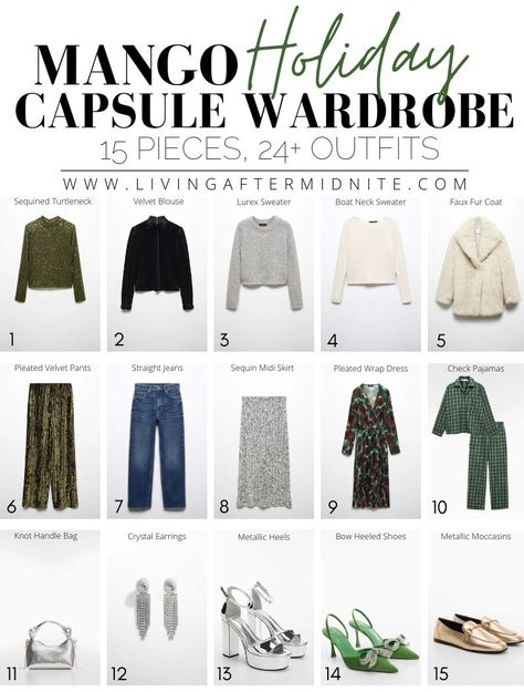 Mango Holiday Capsule Wardrobe Items 2023 | Christmas Outfit Ideas for Women | Mango Holiday Collection Christmas Outfit Ideas For Women, Green Velvet Pants, Christmas Outfit Inspiration, Mango Collection, Holiday Capsule Wardrobe, Mango Clothing, Lurex Sweater, Capsule Wardrobe Women, Festive Outfits