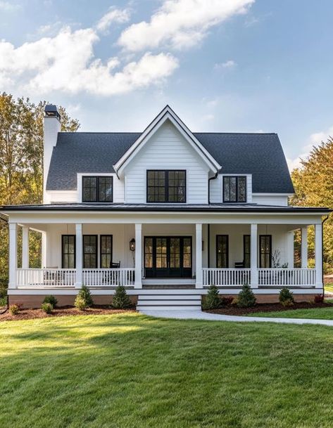 Colonial House With Porch, Black And White Farmhouse Exterior, House With Front Porch, White House Black Shutters, White Farmhouse Exterior, White Colonial, White Porch, House Front Porch, Colonial Farmhouse