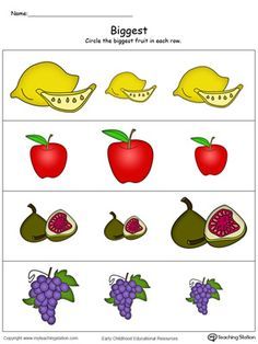 **FREE** Biggest Worksheet: Identify the Biggest Fruit in Color Worksheet.Help your preschooler learn and practice the concept of big, bigger, and biggest with this printable math worksheet. Big Bigger Biggest, School Art Activities, All About Me Preschool, Preschool Planning, Free Preschool Worksheets, Kindergarden Activities, Basic Math Skills, English Worksheets For Kids, Bible Coloring Pages