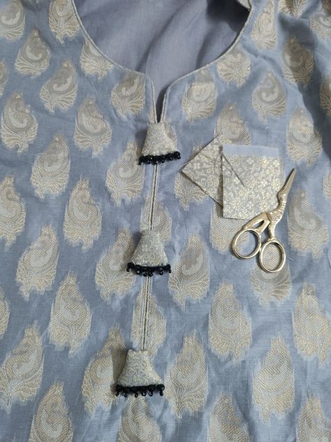 Handmade kurta buttons by Arpana Fancy Buttons On Kurti, Kurta Buttons, Decent Dresses, Stitching Designs, Kurti Neck, Fancy Buttons, Pakistani Dresses Casual, Neckline Designs, Silver Buttons