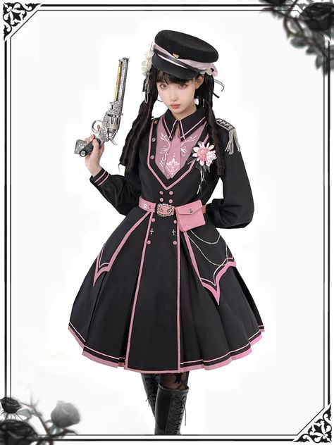 Black Pink Military Lolita Cape and Dress ON1089 Egirl Clothes, Op Dress, Navy Style, Navy Fashion, J Fashion, Dark Fashion, Lolita Dress, Gothic Lolita, Lolita Fashion