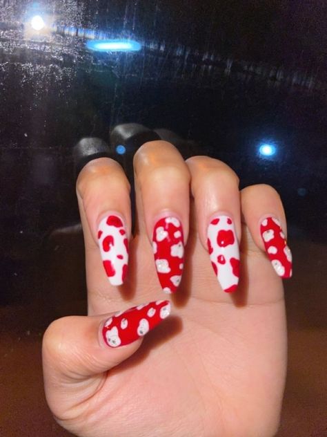 Red Cow Nails, Red And White Gel Nails, Red Cow Print Nails, Fake Acrylic Nails, Cow Prints, Acrylic Nails Stiletto, Red And White Nails, Nail Pics, White Gel Nails