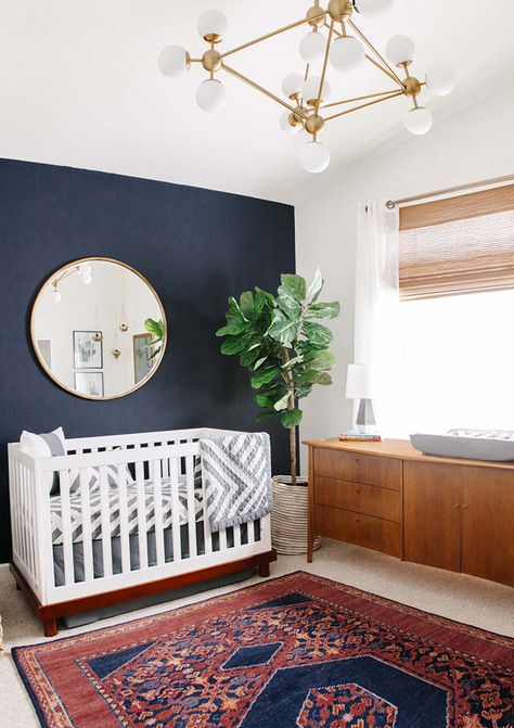 Mid Century Modern Credenza, White Crib, Navy Walls, Mid Century Modern Bedroom, Nursery Modern, Casa Vintage, Baby's Room, Modern Nursery, Nursery Inspiration