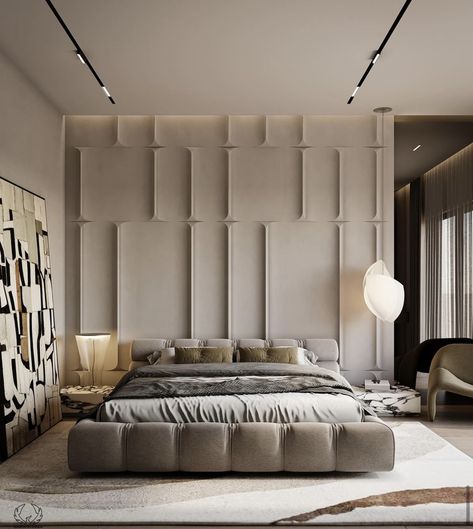 Wall Beading Design Bedroom, Wall Panel Modern, Living Dining Design, Modern Sleek Bedroom, Bedback Designs Modern, Bed Back Wall, Bed Wall Panelling Design, Bed Panelling Modern, Bedroom Design With Window Behind Bed