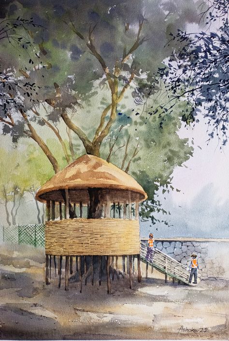 Water Colour Land Scapes, Water Colour Drawing Ideas, Colour Drawing Ideas, Pencil Colours, Indian Drawing, Paintings Nature, Land Scapes, Colour Drawing, Composition Painting