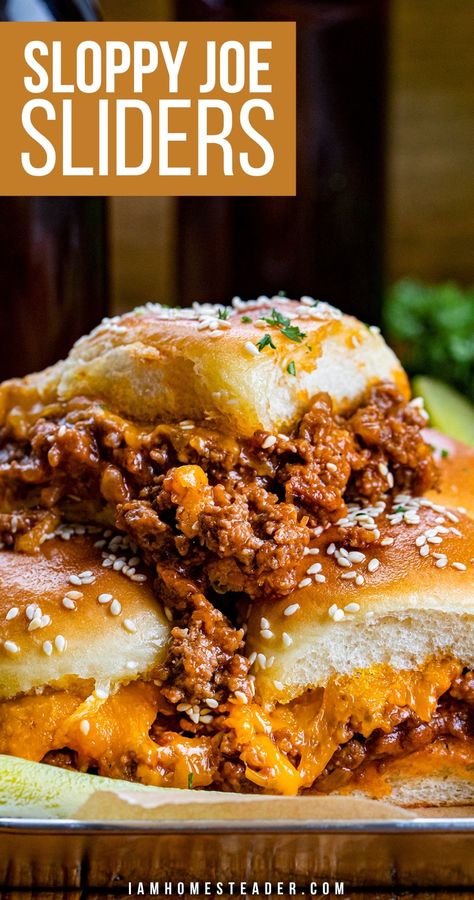 Side-view of three sandwiches stacked in a pyramid shape, showcasing the beef and cheese filling. Sloppy Joe Sliders, Sloppy Joes Sliders, Sloppy Joe Recipe, Sandwich Wraps Recipes, Joe Recipe, Sloppy Joes Recipe, Sweet Buns, Hawaiian Rolls, Sloppy Joe