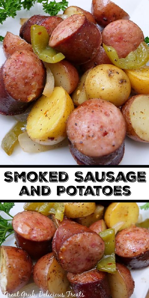 Smoked Sausage and Potato Bake is a hearty and delicious, quick and easy, weeknight dinner recipe loaded with smoked sausage, baby potatoes, onions, and bell pepper. Smoked Sausage Potatoes Onions And Bell Peppers, Recipes Using Rope Sausage, Recipes With Rope Sausage, Baked Cabbage Potatoes And Sausage, Fried Potatoes And Onions And Peppers With Smoked Sausage, Smoked Sausage And Fried Potatoes, Fried Potatoes Onions And Smoked Polish Sausage, Potatoes Onions And Sausage, Kielbasa Potatoes Peppers Onions