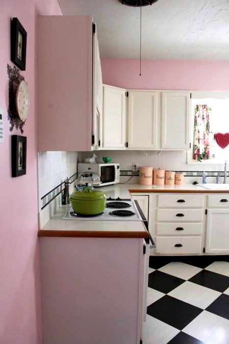 Smile and Wave: House Tour #2 with my neighbor, Rachel Burch Pink Galley Kitchen, Pink White And Black Kitchen, Black White And Pink Kitchen, Checkerboard Kitchen, Checkerboard Floors, Retro Pink Kitchens, Pink Kitchens, Kitchen Vibes, Kitsch Kitchen