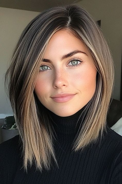 Sharp and Sleek Angled Lob, medium-length haircut, low maintenance medium-length haircut Angled Lob Haircut, Haircuts Brunette, Haircut Low Maintenance, Straight Medium Length Hair, Angled Lob, Angled Haircut, Wavy Bob Long, Medium Length Hair Straight, Lob Haircuts