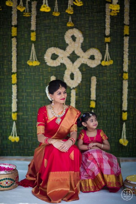 Photo from Nandini & Chandru wedding in Hyderabad Pelli Kuturu Decoration At Home, Elegant Bridal Shower Ideas, Leaf Decor Wedding, Indian Baby Showers, Bridal Trousseau, Ideas For Photography, Indian Bridal Sarees, Wedding Stage Design, Mandap Decor