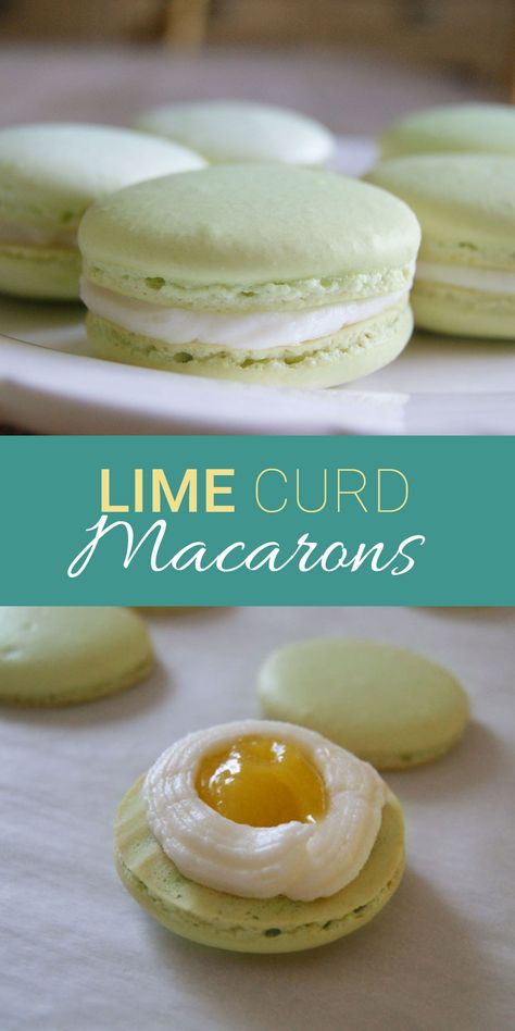 Lime Macarons – Lady of the Ladle Lime Macarons Recipe, Maccarone Recipes, Key Lime Macarons, Lime Macarons, Green Macarons, French Macaroon Recipes, Macaron Recipes, Lime Curd, Macarons Recipe