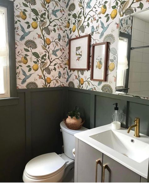 Toilet With Panelling And Wallpaper, Under Stair Cloakroom, Downstairs Toilet Ideas Small Quirky, Moody Downstairs Toilet, Small Toilet Room Wallpaper Ideas, Bold Downstairs Toilet Ideas, Wallpaper Cloakroom Toilet, Panelled Cloakroom Toilet, Cloakroom Toilet Ideas Wallpapers