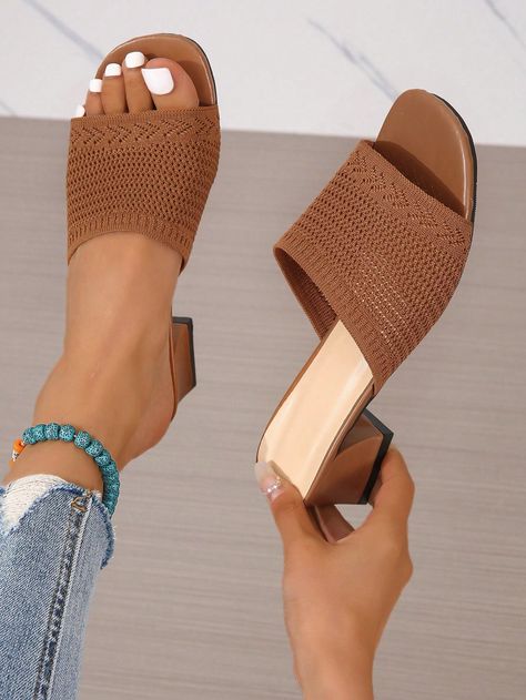 Women Ribbed Chunky Heeled Sandals, Elegant Brown Fabric Mule SandalsI discovered amazing products on SHEIN.com, come check them out! Shein Shoes, Mens Bags Fashion, Heeled Mule, Sandals Brown, Stylish Sandals, Heeled Sandal, Mule Sandals, Comfortable Heels, Brown Fabric