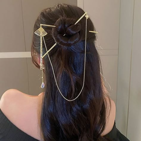 Material: Made of Metal Color: Gold Shape: Fan style Closet Store, Gold Hair Pin, Headpiece Jewelry, Fan Style, Hair Fork, Pearl Hair Pins, Chinese Hairstyle, Hair Stick, Pearl Hair