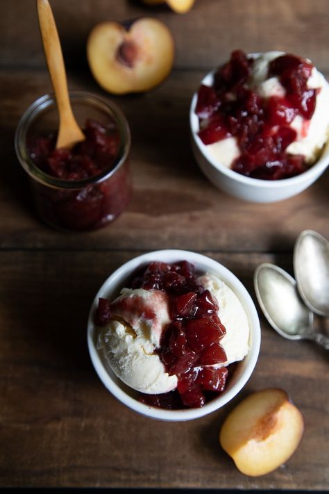 Plum Compote with Ice Cream Dessert Recipe Plum Compote Recipes, Plum Desserts, Plum Compote, Ice Cream Dessert Recipe, Summer Fruit Desserts, Plum Recipes, Compote Recipe, Ice Cream Dessert, Fruit Dessert Recipes