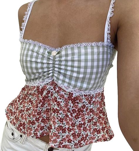 Women's Y2k Spaghetti Strap Lace Camisole Sleeveless Floral Print Ruffle Cami Top Slim Fit Crop Tops Streetwear (Blue, S) at Amazon Women’s Clothing store Tie Up Crop Top, Vest Crop Top, 2 Piece Skirt Set, Middle Age Fashion, Vintage Chest, Long Midi Dress, Top Streetwear, Sweet Floral, Cami Crop Top