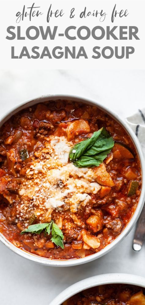 Slow-Cooker Lasagna Soup (dairy free, gluten free) | Nutrition in the Kitch Slowcooker Lasagne, Soup Dairy Free Gluten Free, Gluten Free Lasagna Soup, Soup Dairy Free, Dairy Free Lasagna, Slow Cooker Lasagna Soup, Lasagna Soup Crockpot, Gluten Free Lasagna, Lasagna Soup Recipe