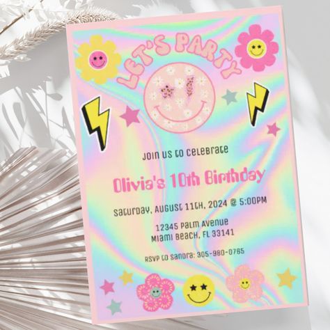 Bring on the good vibes with this new preppy pastel pink happy face birthday invitation. Preppy Invitation Card, Smiley Face Invitations, Preppy Sage Green, Happy Face Birthday Party, Preppy Birthday Party, Smiley Birthday, Preppy Birthday, 9th Birthday Cake, Birthday 10