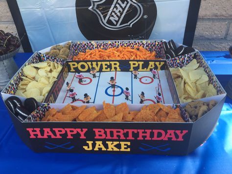 Hockey snack stadium for Jake's 10th bday Hockey Watch Party, Hockey Themed Charcuterie Board, Hockey Party Snacks, Hockey Themed Birthday Party Food, Road Hockey Birthday Party, Hockey Charcuterie Board, Nhl Party Ideas, Hockey Decorations Party, Hockey Food Party