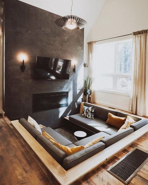 Modern Conversation Pit, Conversation Pit Living Room, Cabin Chronicles, Living Room 70s, Built In Fireplace, Rustic Family Room, Conversation Pit, Sunken Living Room, Grey Sofa