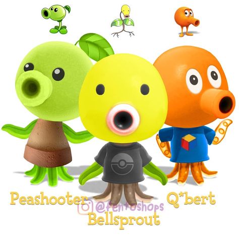 FentoShops | Photoshop Artist’s Instagram profile post: “Bellsprout (Pokémon), Peashooter (Plants vs Zombies), and Qbert (Qbert/Wreck it Ralph) as Animal Crossing Octopus Villagers! [OC] . . .…” Acnh Octopus, Peashooter Plants Vs Zombies, Animal Crossing Oc, Octopus Oc, Villager Animal Crossing, Bug Images, Plantas Vs Zombies, Wreck It Ralph, Plants Vs Zombies