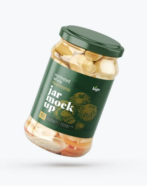 Whole Mushroom Jar Mockup Pickle Jar Label Design, Chili Oil Packaging, Mushroom Packaging Design, Mason Jar Packaging, Pickle Packaging, Jar Packaging Design, Food Branding Design, Mushroom Packaging, Pickle Brands