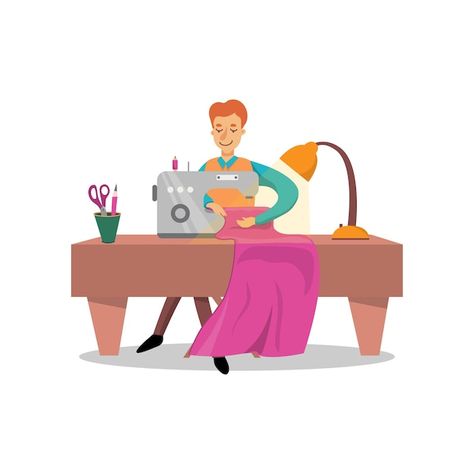 Male dressmaker sewing clothes by sewing... | Premium Vector #Freepik #vector #tailor-shop #atelier #dressmaker #sewing-tailoring Sewing Machine Cartoon, Tailor Illustration, Sewing Tailoring, Tailor Shop, Children Illustration, Sewing Clothes, Dressmaking, Easy Sewing, Sewing Machine