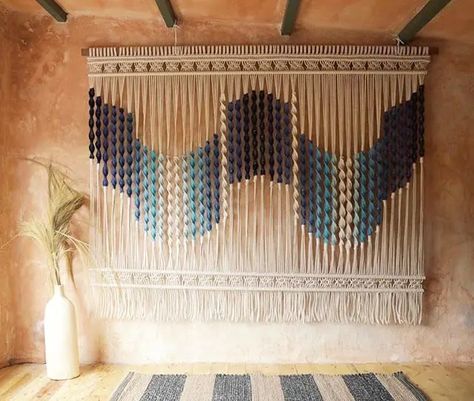 BLUE SWIRLS by Agnes Hansella seen at Private Residence, Jakarta | Wescover Jute Macrame, Macrame Wall Hanging Large, Macrame Wall Hanger, Large Tapestry, Macrame Knots Pattern, Macrame Wall Hanging Diy, Macrame Wall Hanging Patterns, Macrame Curtain, Wall Hanging Diy