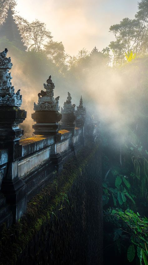 Mystical Bali temple at dawn wrapped in morning mist; ideal for philosophical Sagittarians. Discover ancient stone carvings, jungle aura, and incense in professional travel photography. Astro Travel, Bali Temple, Bali Travel Photography, Ancient Stone, Morning Mist, Bali Travel, Stone Carving, Incense, Mist