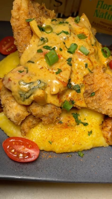 Catfish Sandwich Recipes, Stuffed Fried Catfish Recipes, Catfish And Grits Soul Food, Fried Catfish And Grits, Catfish Breakfast, Catfish Atchafalaya Recipe, Catfish Dinner Ideas Sides, Stuffed Catfish Recipes, Smothered Catfish