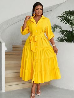 Plus Size V-Neck Button-Front Long Sleeve Dress With Waist Tie, Layered Ruffled Hemline, Elegant And Charming Yellow Casual  Long Sleeve Fabric Plain Shirt Non-Stretch  Women Plus Clothing, size features are:Bust: ,Length: ,Sleeve Length: African Fabric Dress, Classy Outfits For Women, Full Figure Fashion, Kids Fashion Dress, Shift Dresses, Jumpsuit Elegant, Classy Dress Outfits, Plain Shirt, Women Maxi