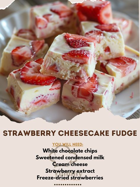 🍰🍓 Dive into decadence with Strawberry Cheesecake Fudge! Sweet, creamy, and irresistibly delightful. #CheesecakeFudgeBliss Strawberry Cheesecake Fudge Ingredients: White chocolate chips (2 cups) Sweetened condensed milk (1 can, 14 oz) Cream cheese, softened (4 oz) Strawberry extract (1 tsp) Freeze-dried strawberries, crushed (1/2 cup) Instructions: Melt white chocolate with condensed milk over low heat. Stir in cream cheese and strawberry extract until smooth. Fold in crushed strawberries. ... Strawberry Cheesecake Fudge, Crushed Strawberries, Cheesecake Fudge, Strawberry Extract, Fudge Ingredients, Melting White Chocolate, Freeze Dried Strawberries, Dried Strawberries, Strawberry Cheesecake