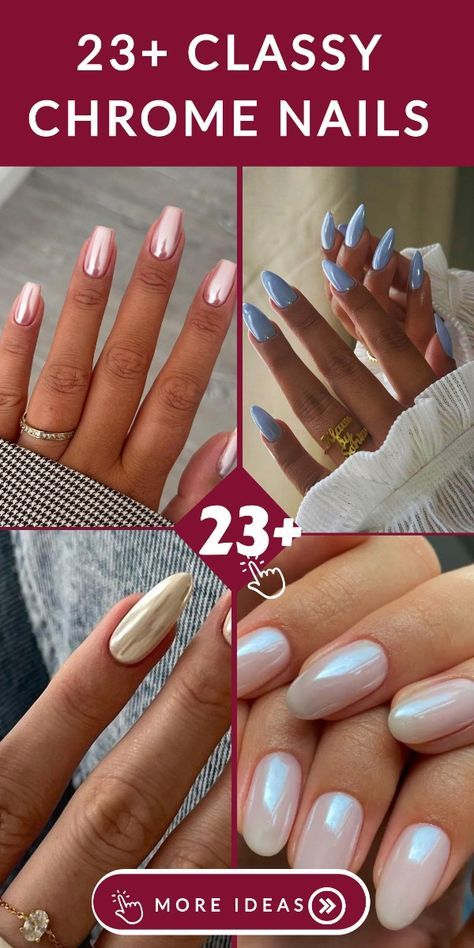 Summer Nail 2024 Designs, Almond Shaped Chrome Nails, August Chrome Nails, Chrome Beach Vacation Nails, Summer Nail Ideas Chrome, Summer Nails Metallic, Chrome Nail Colors Chart, Chrome Toe Nails Ideas, Chrome Nails For Summer