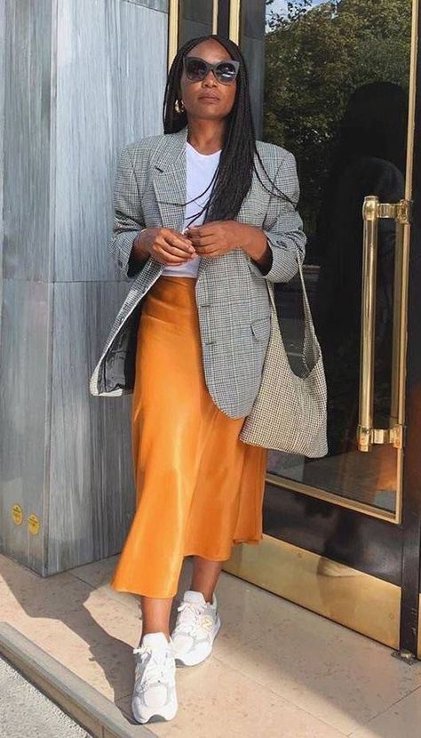 Slip Skirt Blazer Outfit, Slip Skirt With Blazer, Blazer On Skirt, Slip Skirt Winter Outfit, Blazer With Skirt Outfits, Slip Skirt Outfit Fall, Skirt Blazer Outfit, Blazer Skirt Outfit, Slip Skirt Outfit