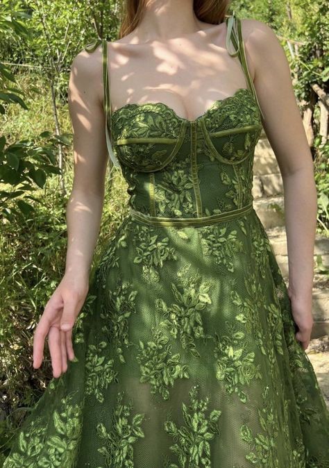 Prom Dresses Cottagecore Green, Green Faerie Dress, Floral Prom Dress Vintage Green, Green Nature Prom Dress, Green Dress Prom Aesthetic, Prom Enchanted Forest Theme Dress, Corset Top Dress Prom Green, Green Tool Dresses, Fairycore Wedding Guest Dress