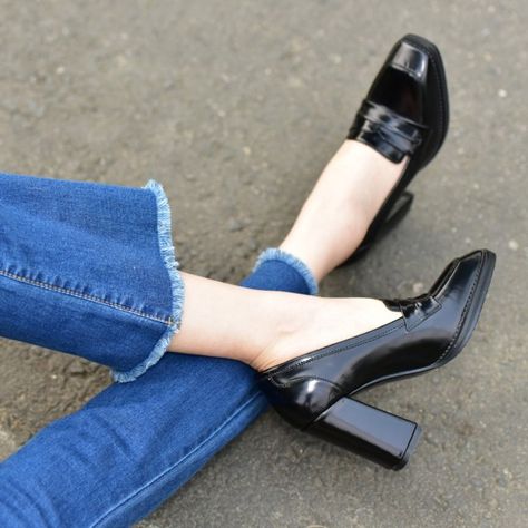 Black Patent Leather Block Heel Square Toe Heeled Loafers for Women for Work, School, Date, Anniversary, Going out | FSJ High Heel Loafers Outfit, Office Heels, High Heel Loafers, School Date, High Heels Classy, Loafers Outfit, Black Block Heels, Vintage Heels, Heels Classy