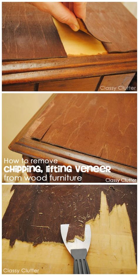 How to remove veneer from furniture without losing you rmind! | www.classyclutter.net Remove Veneer From Furniture, Furniture Fix, Furniture Rehab, Furniture Repair, Refurbished Furniture, Furniture Restoration, Paint Furniture, Flipping Furniture, Redo Furniture