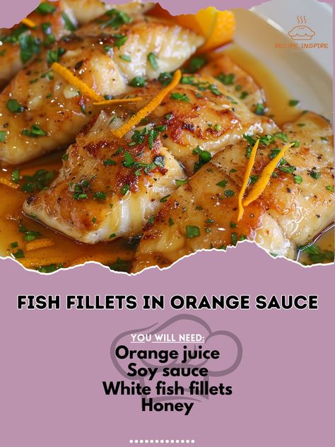 🍊 Experience the zest of Fish Fillets in Orange Sauce! #SeafoodLovers #CitrusFlavors Fish Fillets in Orange Sauce Ingredients: White fish fillets (4) Orange juice (1 cup) Soy sauce (2 tbsp) Honey (2 tbsp) Cornstarch (1 tbsp) Water (2 tbsp) Garlic (2 cloves, minced) Olive oil (2 tbsp) Salt and pepper (to taste) Orange zest (1 tsp) Instructions: Season fish fillets with salt and pepper. Heat olive oil in a pan over medium heat, cook fish until golden and cooked through. Remove fish from the... Fish Fillets In Orange Sauce, Cook Fish, Fish Fillets, Orange Sauce, White Fish, Fish Fillet, Orange Zest, Corn Starch, Orange Juice