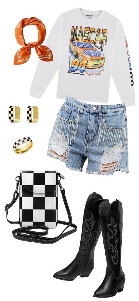 NASCAR, racing, racecars, talladega, daytona 500, daytona speedway, daytona outfit, NASCAR outfit, NASCAR fashion, country concert, country concert fashion, country concert outfit, amazon, amazon fashion, amazon finds, checkerboard, checkerboard fashion, checkerboard outfit, rhinestone shorts, nashville outfit, nashvill tn outfit, nashville going out, bandana outfit, cowgirl boots, cowgirl boots outfit, checkered, racecar, race car, racing outfit, race track Nascar Race Outfits For Women, Daytona 500 Outfit Women, Nascar Race Outfit, Daytona 500 Outfit, Race Track Outfit Women, Nascar Race Day Outfits Women, Car Racing Outfit, Race Track Outfit, Nascar Outfit For Women