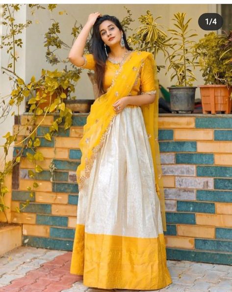 Chaniya Choli For Wedding, Silk Half Saree, Ghaghra Choli, Indian Wedding Lehenga, Haldi Outfits, Half Saree Lehenga, Lehenga Choli Wedding, Yellow Lehenga, Lehenga Blouse Designs