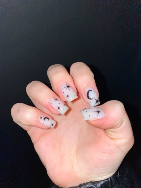 Star Moon Nails Acrylic, White Milk Nails With Designs, Star Nails Acrylic White, Acrylic Nail Designs Stars And Moon, Short Nail Designs Moon And Stars, Moon And Star Nail Designs Simple, Nail Ideas Moon And Stars, Prom Nails Stars, Cute Moon Nails